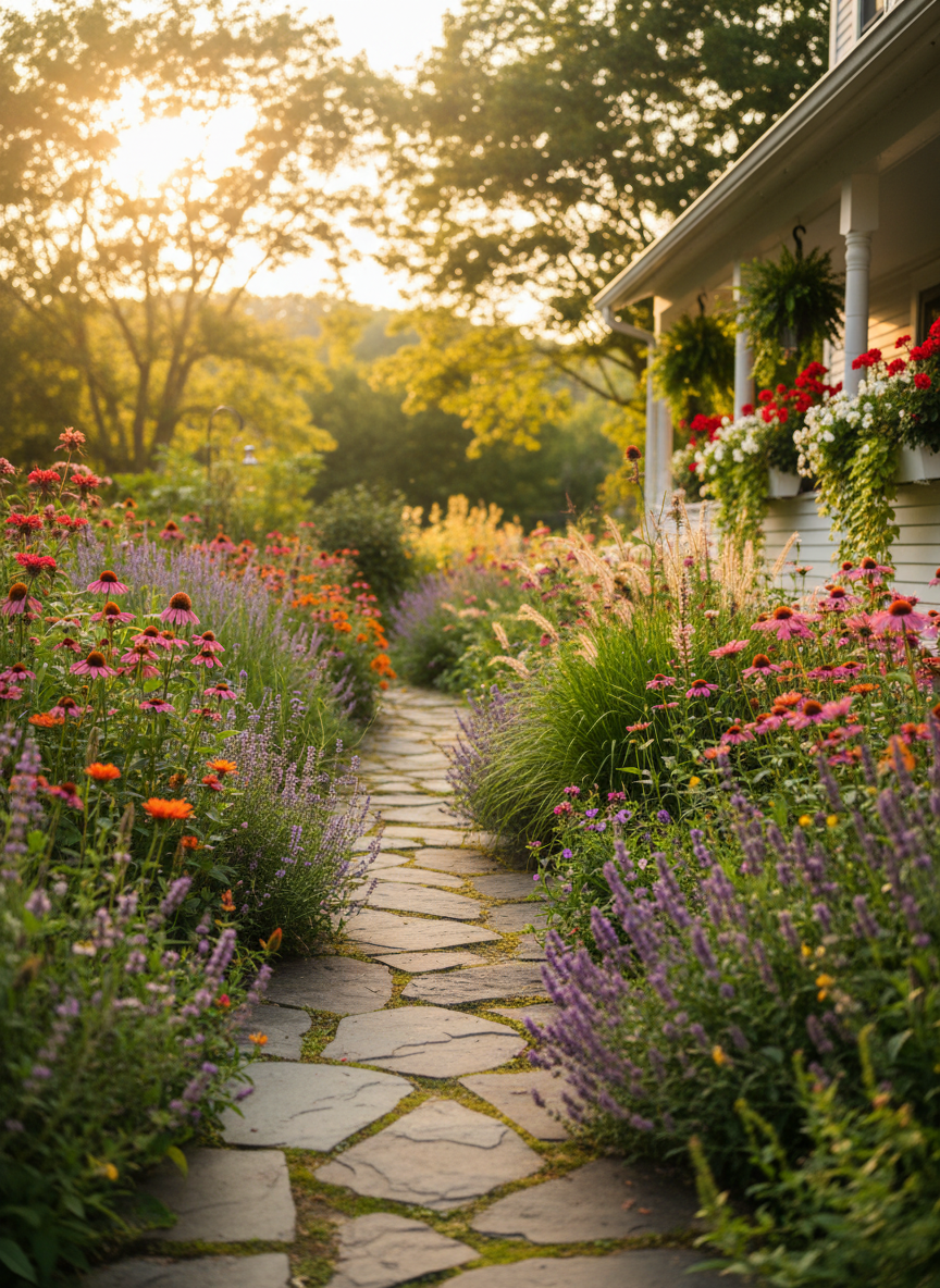 A serene garden path scene from a summer tour in Sheffield, Massachusetts, featuring a gently curving stone walkway bordered by exuberant cottage-style plantings: lavender, coneflowers, bee balm, and ornamental grasses swaying lightly. In the distance, a classic New England farmhouse porch peeks through foliage, decorated with overflowing window boxes. Soft golden hour sunlight bathes the flowers, creating warm highlights on petals and a dreamy bokeh among distant trees. The camera is positioned low and slightly off-center, following the path into the frame, inviting viewers to imagine strolling along on a seasonal garden tour. Photographic realism with vibrant colors and a playful, romantic mood that showcases the charm and variety of local gardens.