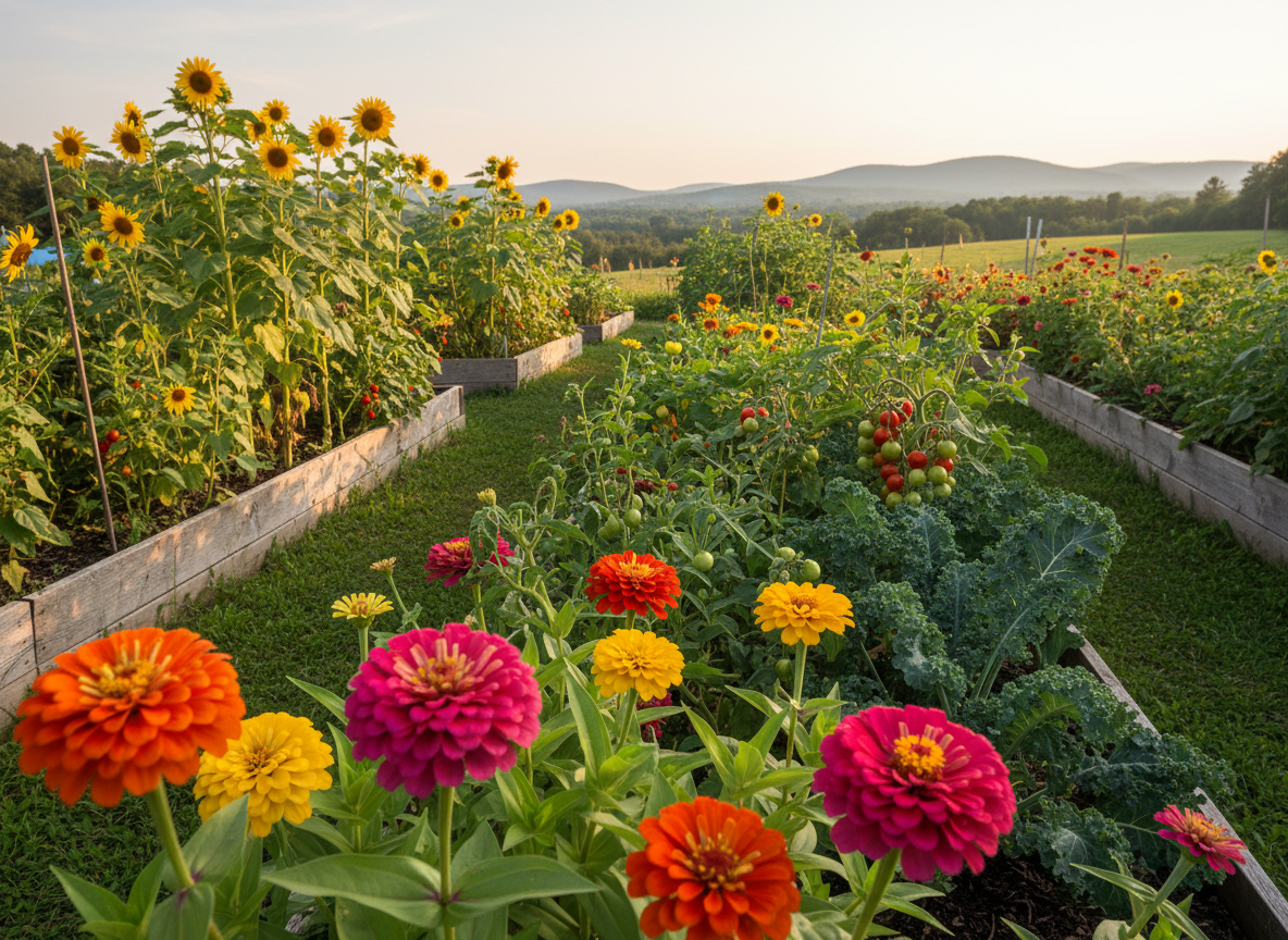 A lush, overflowing community garden bed in early summer, packed with bright zinnias, towering sunflowers, ripening tomatoes, and curly kale, each leaf and petal rendered in crisp photographic detail. Weathered cedar raised beds form tidy rows, with a winding grass path leading toward a backdrop of low Berkshire hills near Sheffield, Massachusetts. Soft late-afternoon sunlight creates a warm golden glow, catching fine hairs on tomato stems and casting playful, dappled shadows on the soil. Shot at eye level with a shallow depth of field, the nearest blossoms sharp and the background gently blurred. The atmosphere feels welcoming, playful, and lively, capturing the joy and abundance of a local garden club’s shared space.