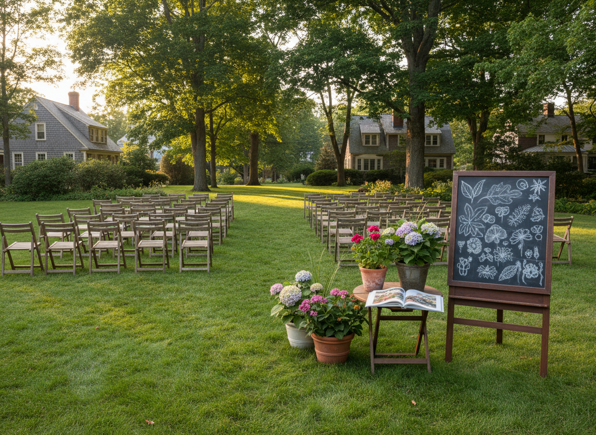 An inviting garden lecture setting arranged outdoors on a mown lawn, with neat rows of empty wooden folding chairs facing a simple display area that features several large flowering perennials in decorative pots, open gardening books, and a chalkboard propped on an easel covered in botanical sketches instead of text. Behind, mature maple trees and classic New England homes subtly place the scene in Sheffield, Massachusetts. Warm early evening light filters through leaves, creating a pattern of soft, playful shadows on the grass. Photographic realism, shot from a slightly elevated angle, places the viewer at the back of the gathering, emphasizing anticipation and community learning throughout the year without any visible people or written words.