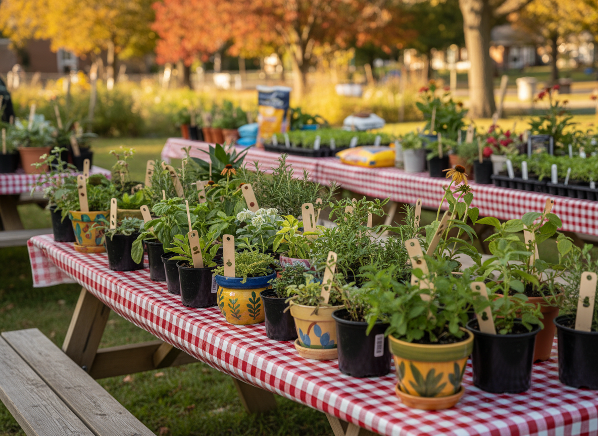 A cheerful, photographic close-up of a plant swap table at a community garden event, showing an eclectic collection of potted perennials, herbs, and houseplants arranged on a checkered cloth over a picnic table. Each plant has a small, blank wooden tag, and the pots range from simple black nursery containers to hand-painted ceramic ones with playful patterns. In the softly blurred background, more tables display seedling trays and gardening tools, with hints of autumn foliage suggesting a seasonal exchange. Soft, bright daylight creates crisp details on leaves and soil textures, with gentle shadows adding depth. Captured at a three-quarter angle with a shallow depth of field, the mood is friendly, generous, and light-hearted, emphasizing the joy of sharing plants within a local garden club.