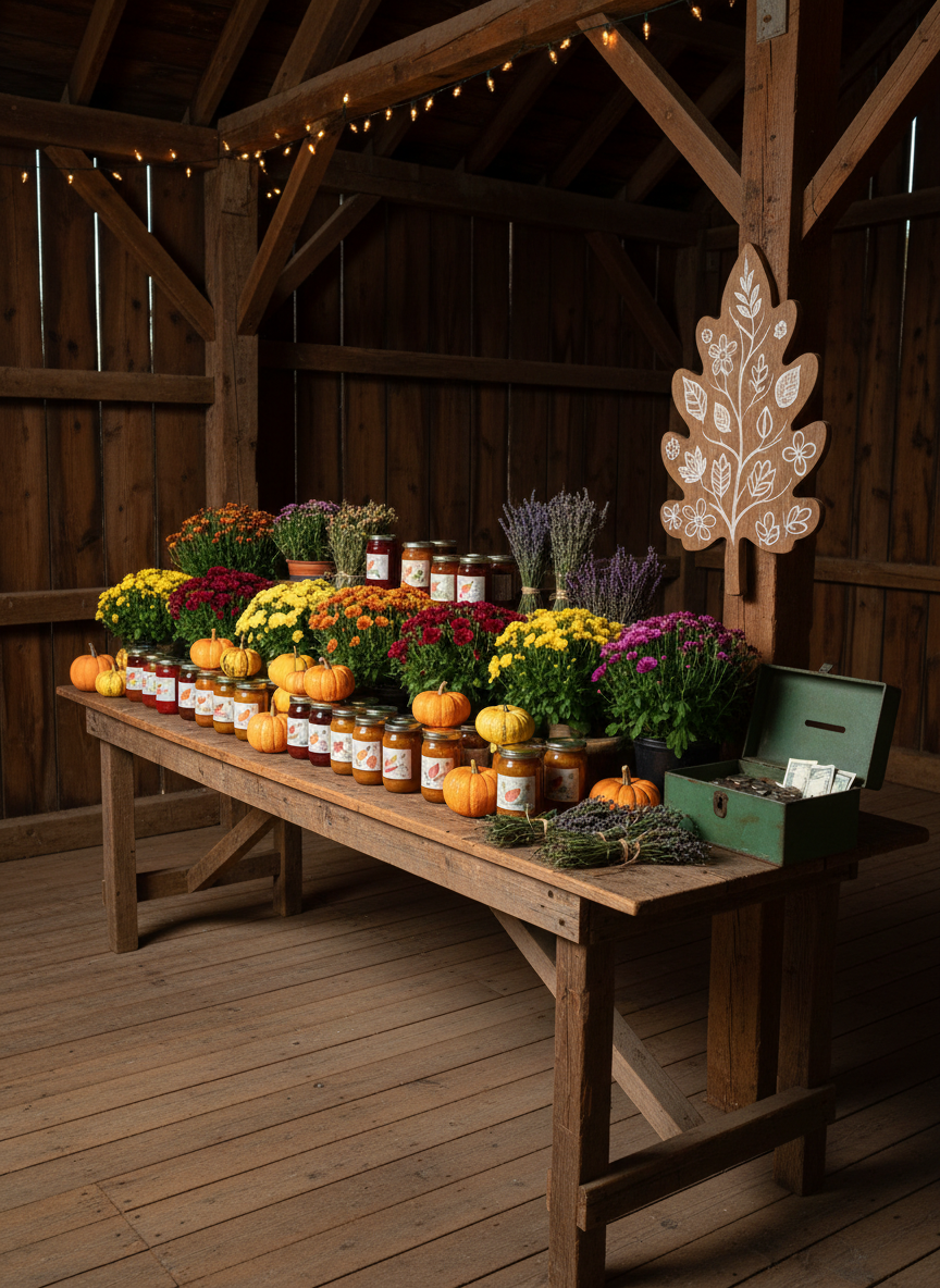 A cozy autumn fundraising scene featuring a long farmhouse table set in a barn-like space, completely covered with neatly arranged potted mums, small pumpkins, jars of homemade preserves, and bundles of dried herbs tied with twine. A vintage metal cash box sits to one side, and a simple decorative signboard uses leaf shapes and flower icons instead of text to hint at pricing and donations. Strings of warm fairy lights hang overhead, casting a soft amber glow and gentle shadows across the rustic wooden walls. Shot at eye level with sharp focus throughout, the photographic image feels warm, communal, and slightly whimsical, suggesting a successful garden club fundraiser without showing any people or readable words.
