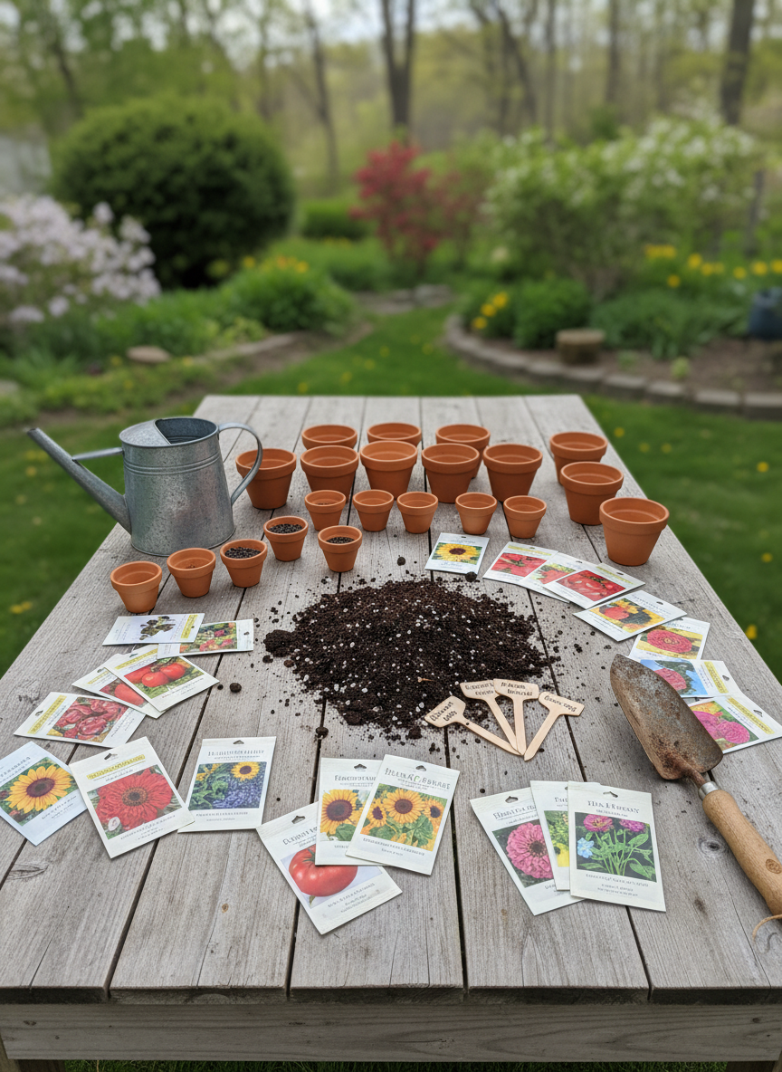 A playful overhead photographic view of a rustic wooden potting table set up for a garden club workshop, covered in small terracotta pots, packets of colorful heirloom seeds, neatly labeled plant markers, and a scattering of rich, crumbly potting mix. A well-used metal watering can and hand trowel with soil-smudged handles rest at the edges. Surrounding the table, the soft greens of a Sheffield, Massachusetts backyard in late spring blur into the background. Gentle, diffused daylight from an overcast sky minimizes harsh shadows, creating a cozy, hands-on atmosphere. The composition uses a flat lay style, with items arranged in an inviting, slightly whimsical pattern that suggests community, learning, and shared gardening fun without showing any people.